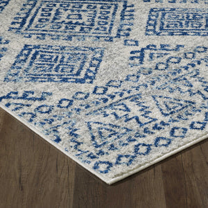 7' Ivory Blue Machine Woven Distressed Geometric Indoor Runner Rug