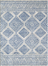 7' Ivory Blue Machine Woven Distressed Geometric Indoor Runner Rug