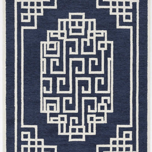 2'X4' Navy Blue Ivory Hand Tufted Greek Key Medallion Indoor Accent Rug