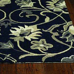 2'X3' Navy Blue Hand Hooked Uv Treated Floral Vines Indoor Outdoor Accent Rug