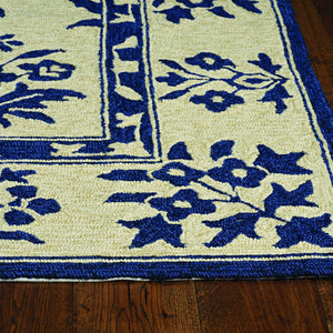 2'X3' Sand Blue Hand Hooked Uv Treated Floral Traditional Indoor Outdoor Accent Rug