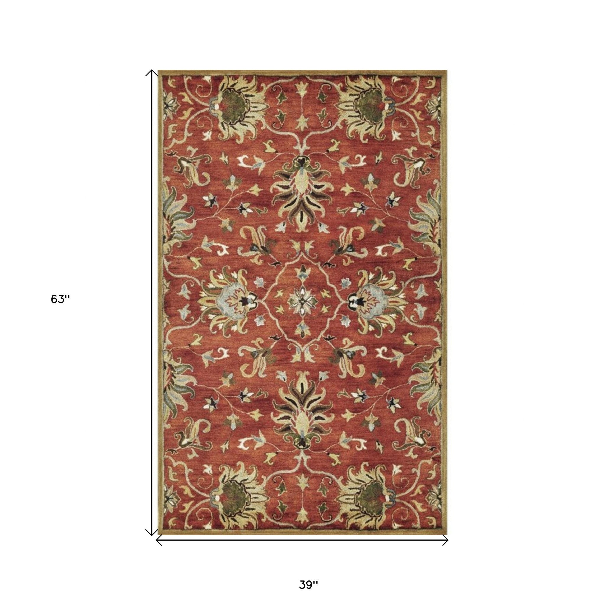 7' Sienna Orange Hand Tufted Wool Traditional Floral Indoor Runner Rug