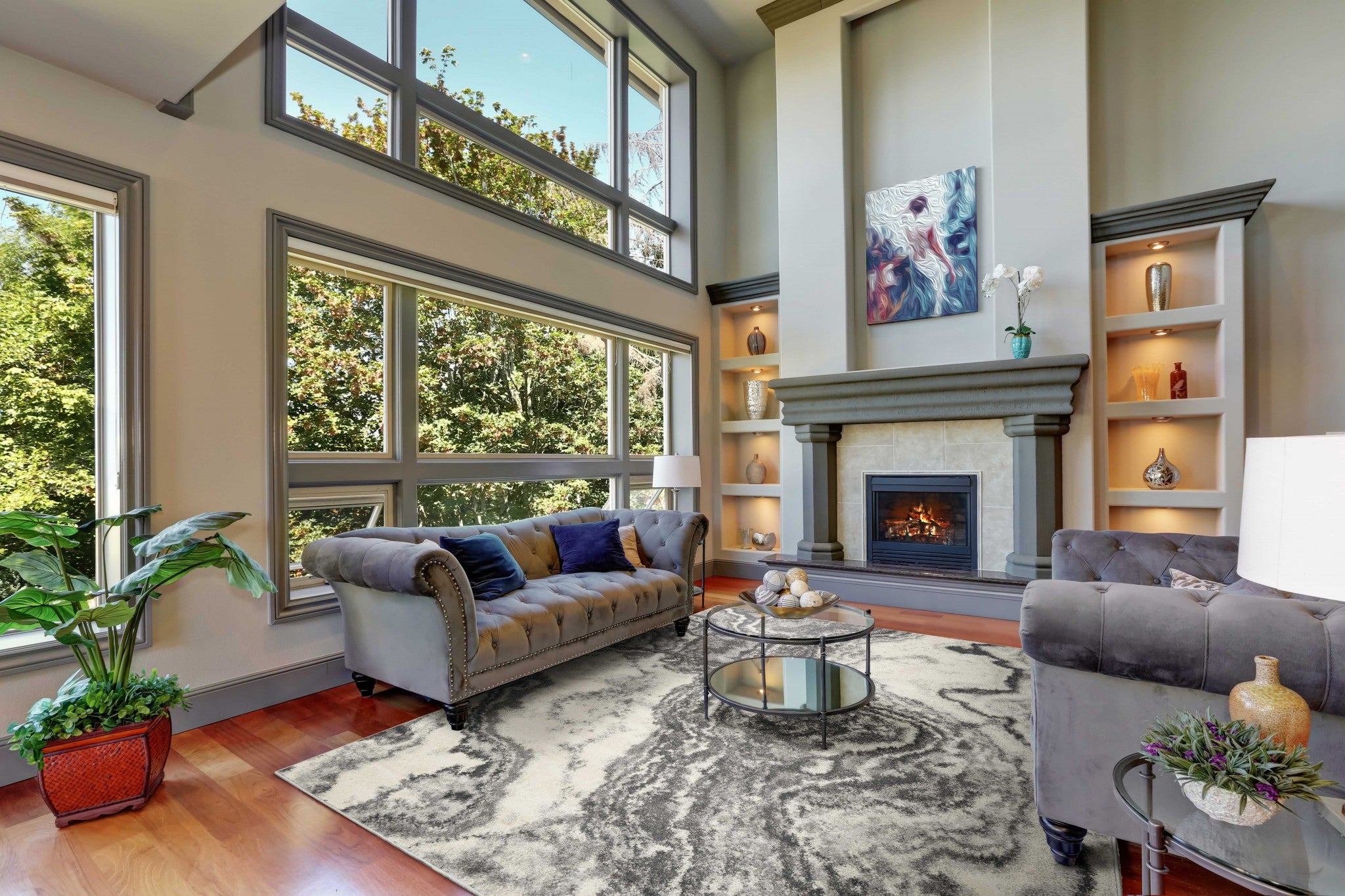 3'X5' Ivory Grey Machine Woven Marble Indoor Area Rug