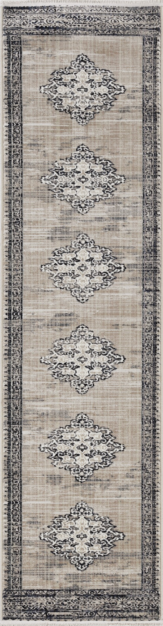 5' X 8' Sand Or Charcoal Medallion Bordered Area Rug
