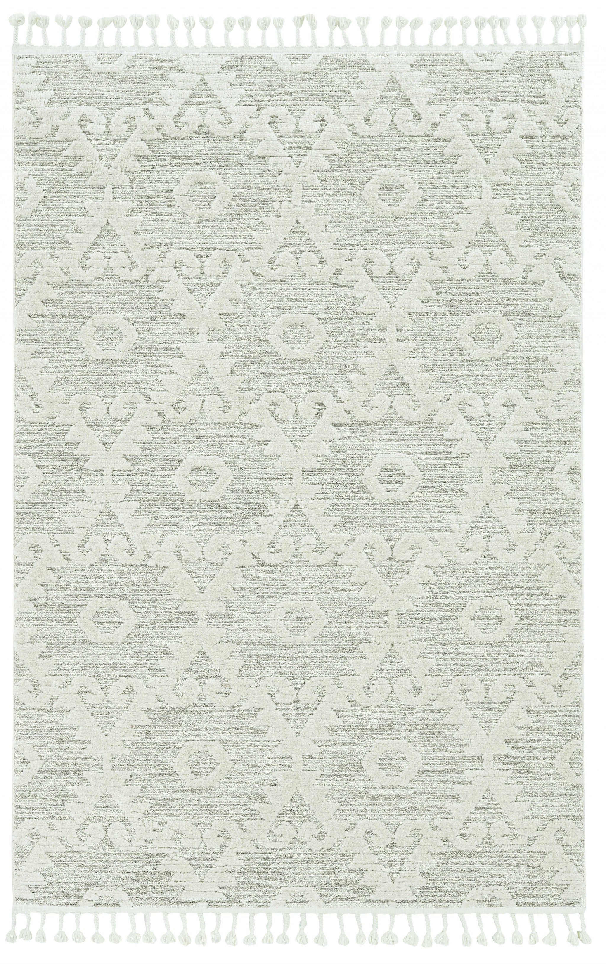 12'X15' Ivory Beige Machine Woven Geometric With Fringe Indoor Area Rug