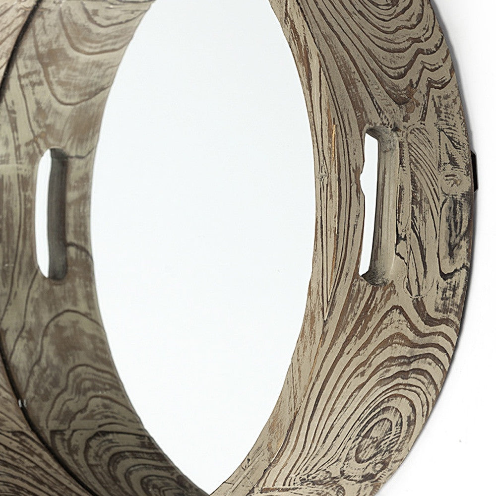20" Round Natural Finish Wood Mirrored Glass Bottom Tray