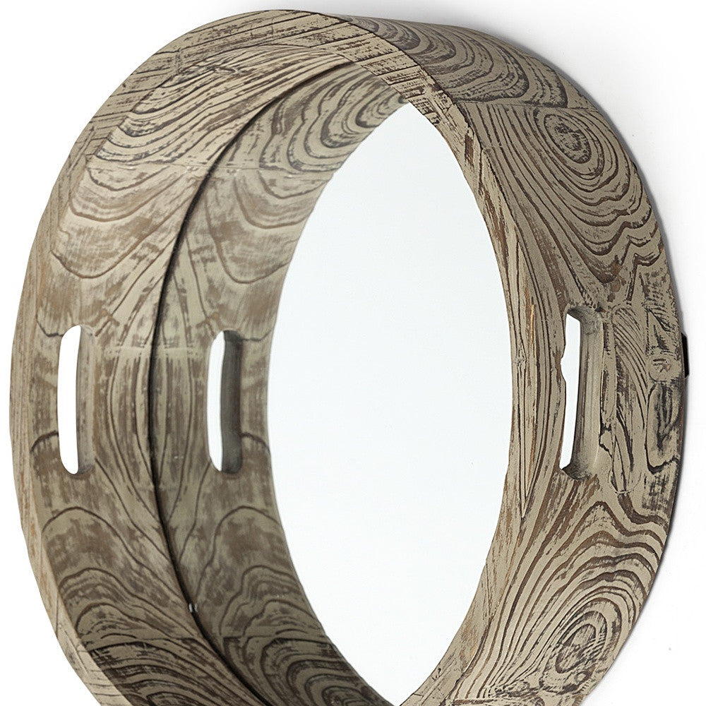 20" Round Natural Finish Wood Mirrored Glass Bottom Tray