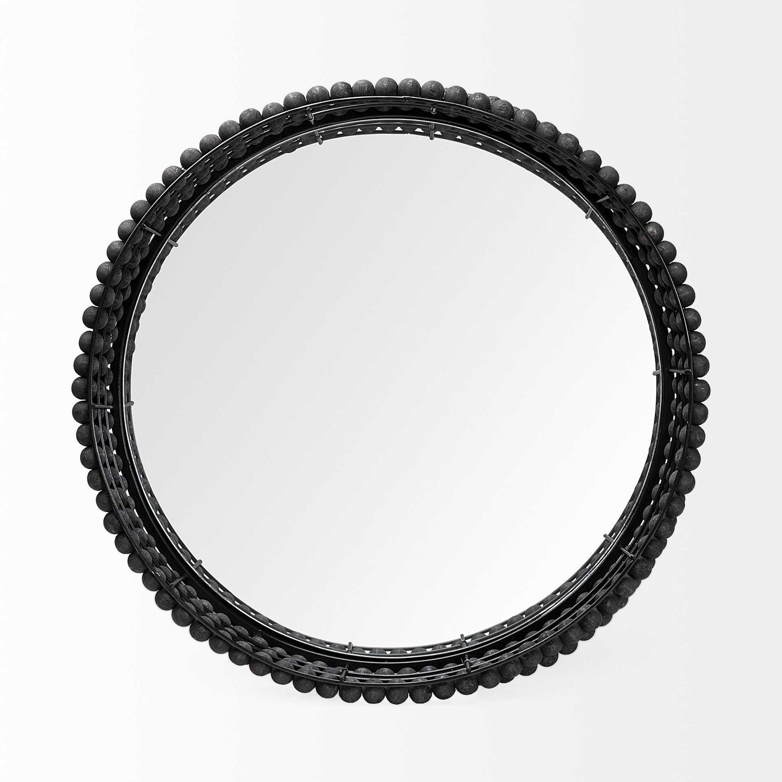 Matte Black Wood With Bead Mirrored Glass Bottom Round Tray 21"