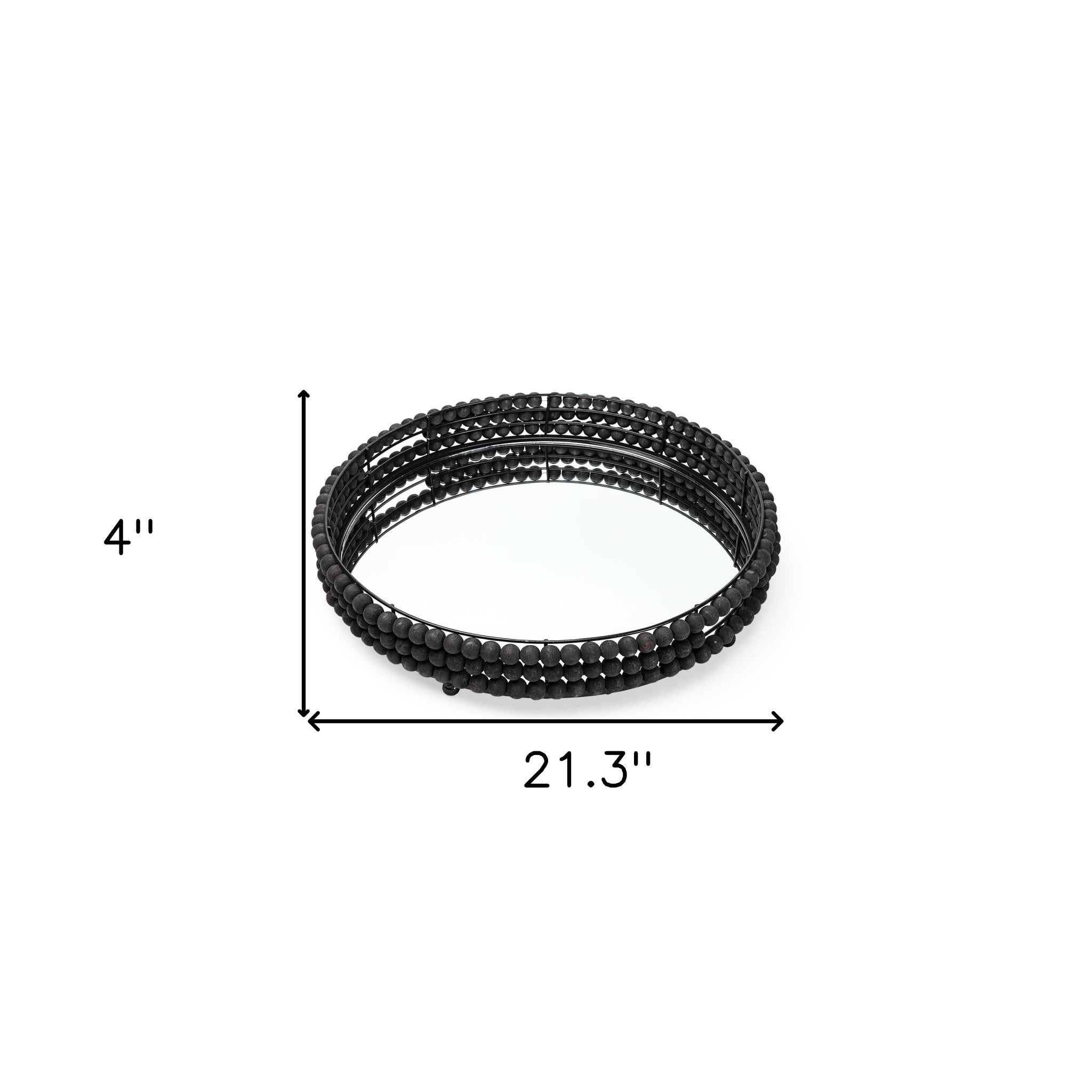 Matte Black Wood With Bead Mirrored Glass Bottom Round Tray 21"