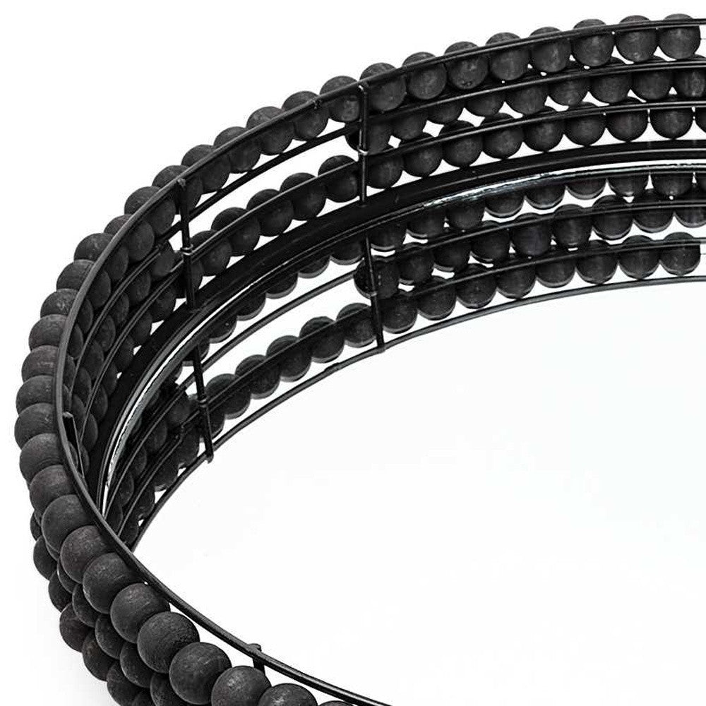 Matte Black Wood With Bead Mirrored Glass Bottom Round Tray 21"