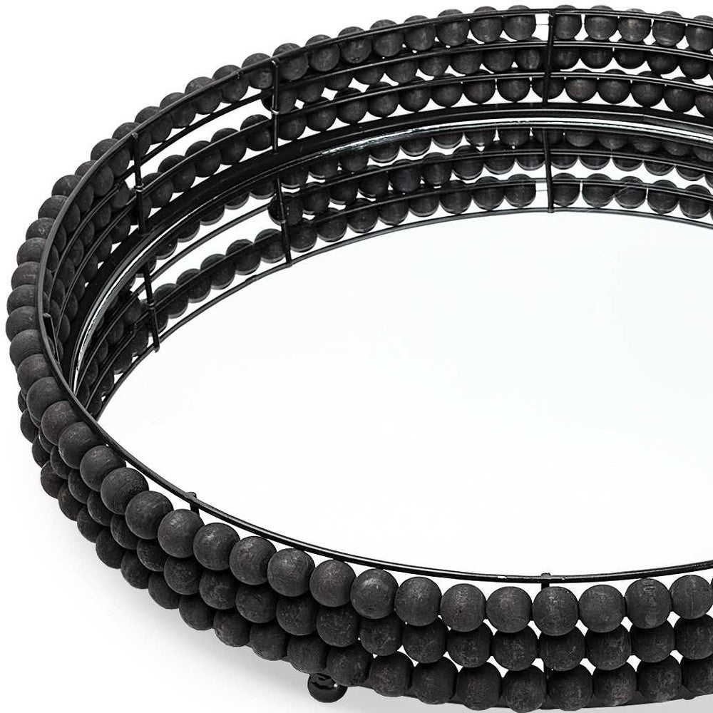 Matte Black Wood With Bead Mirrored Glass Bottom Round Tray 21"