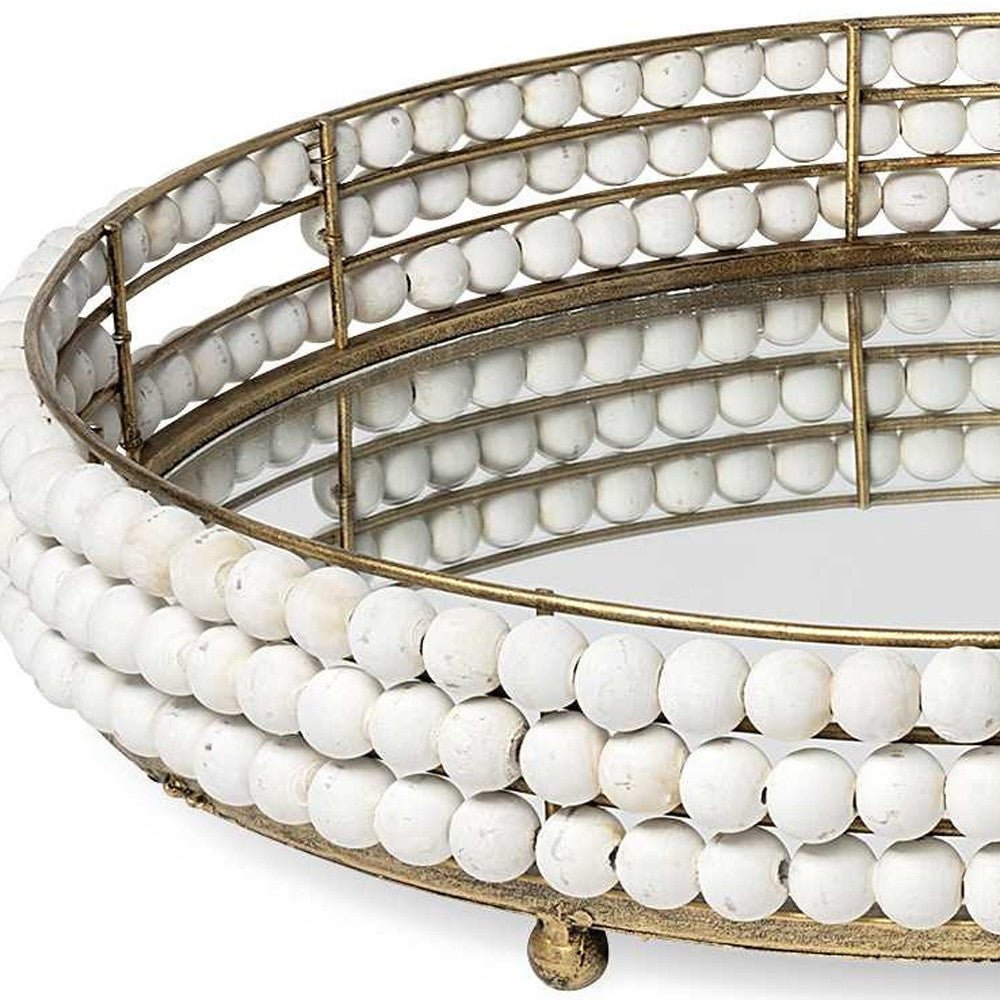 Gold Metal With Wooden Bead Frame And Mirrored Glass Bottom Round Tray 21"