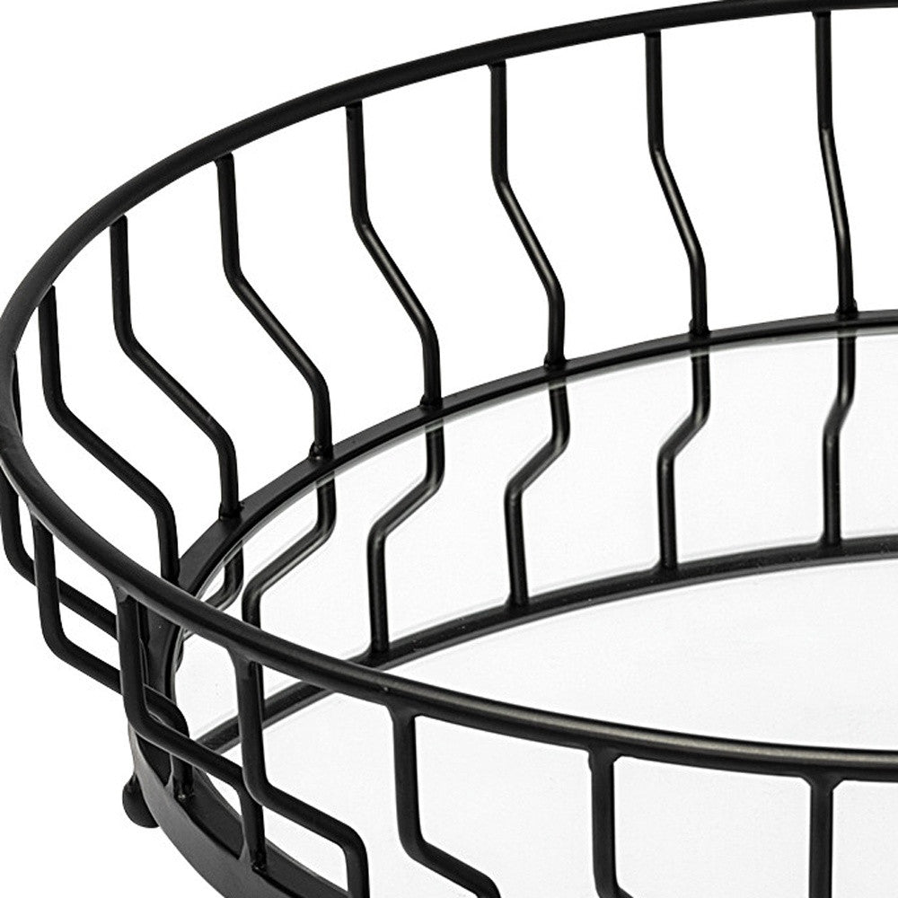 Matte Black Wavy Metal With Mirrored Glass Bottom Round Tray 20"