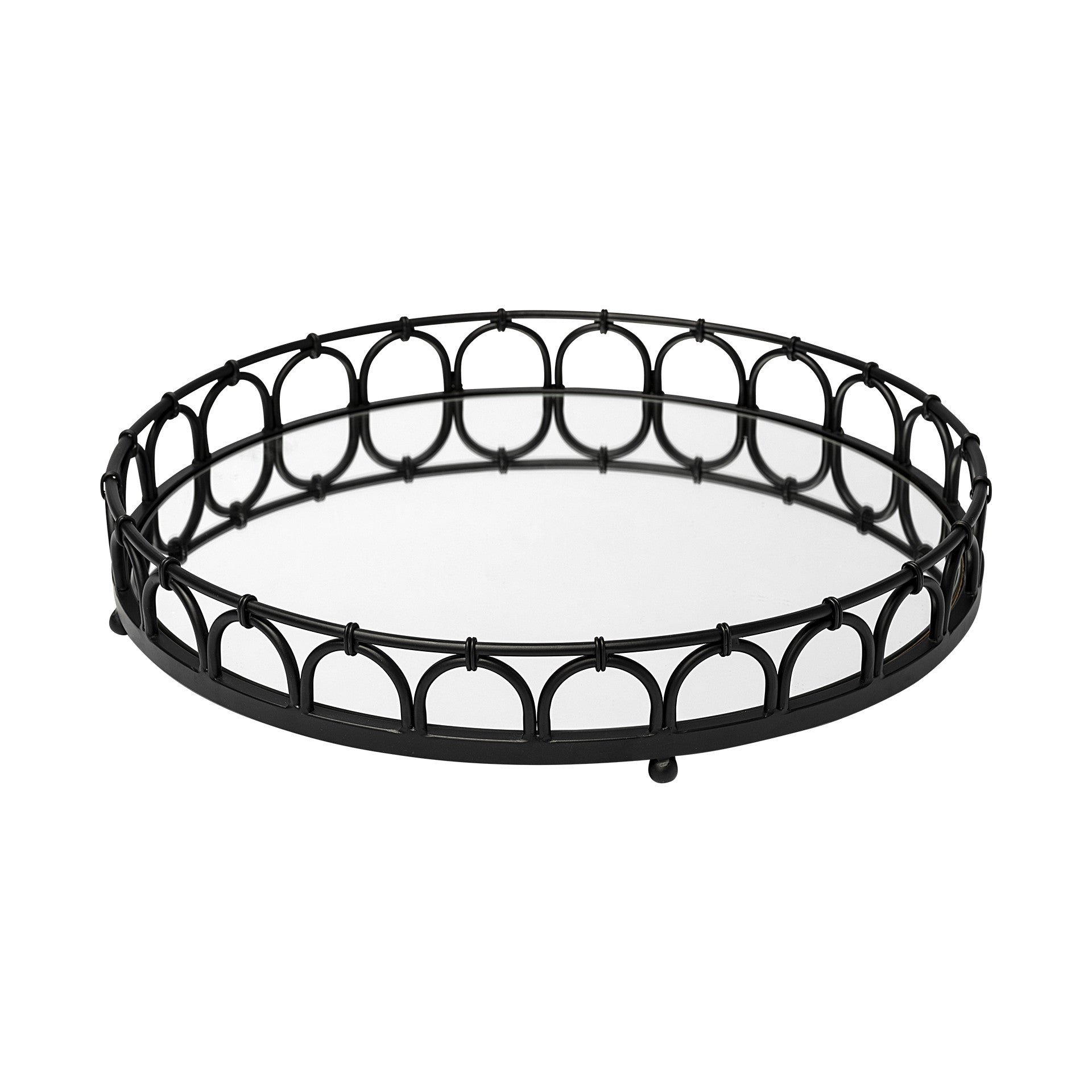 Matte Black Metal Half Circles And Mirrored Glass Round Tray 20"