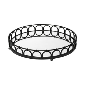 Matte Black Metal Half Circles And Mirrored Glass Round Tray 20"