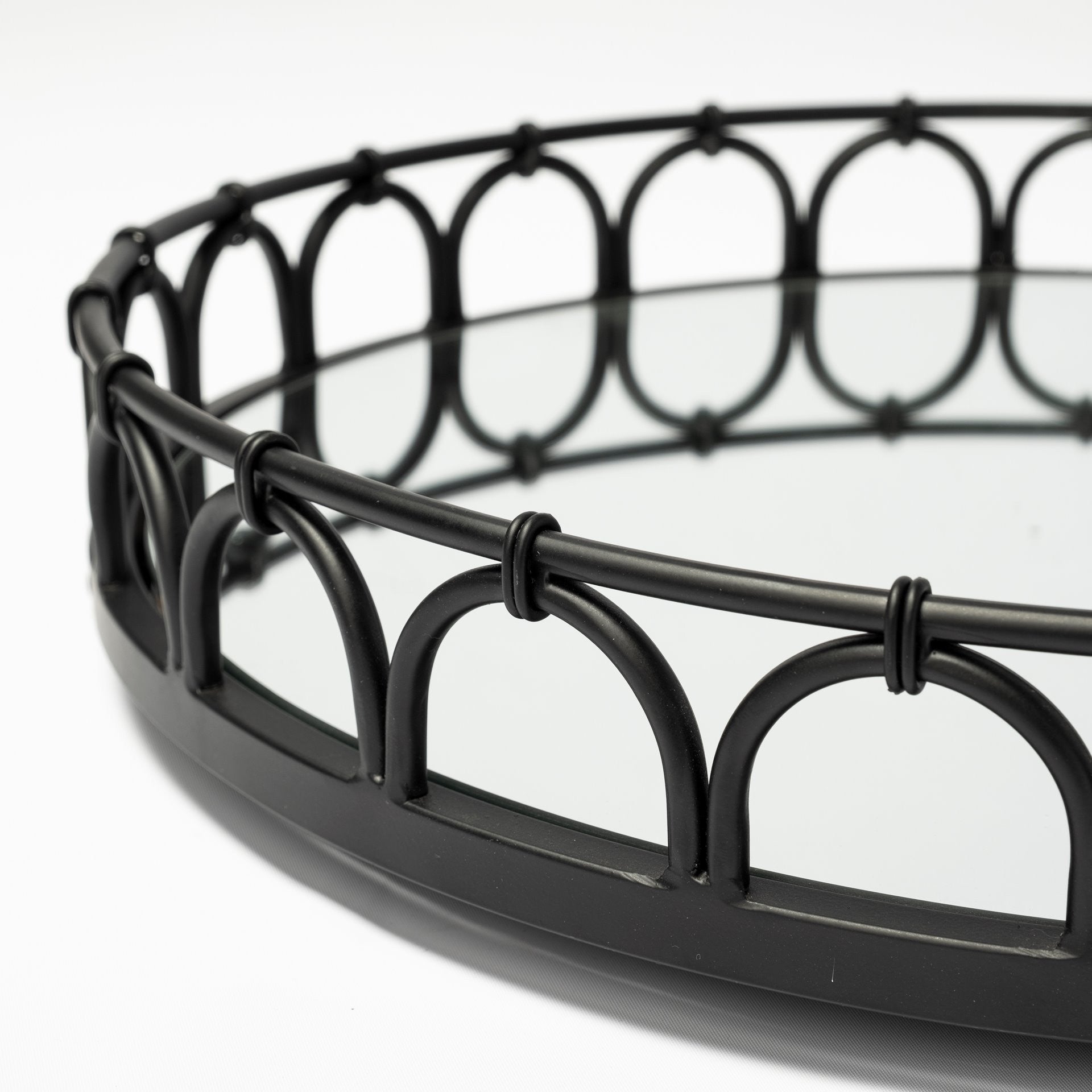 Matte Black Metal Half Circles And Mirrored Glass Round Tray 20"