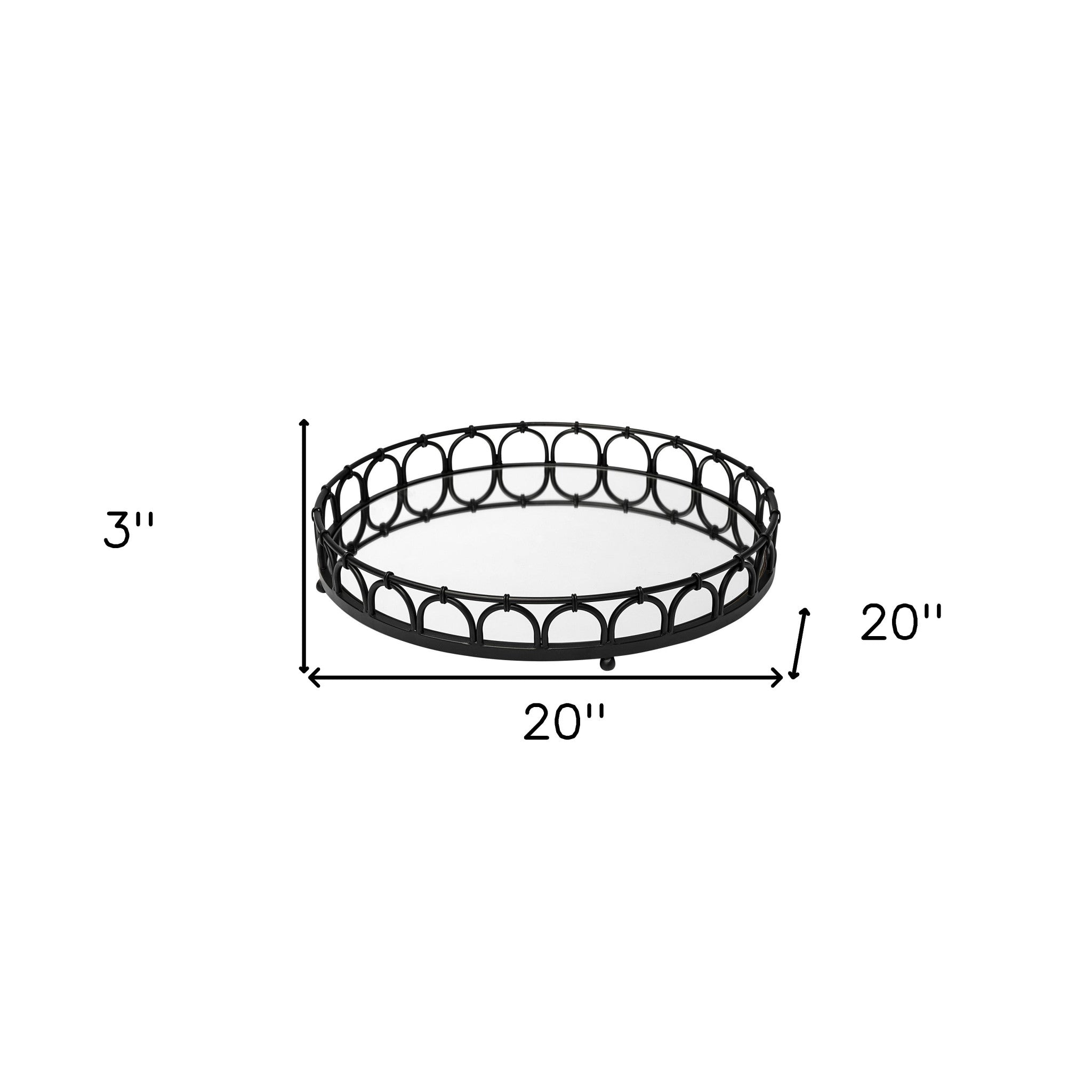 Matte Black Metal Half Circles And Mirrored Glass Round Tray 20"