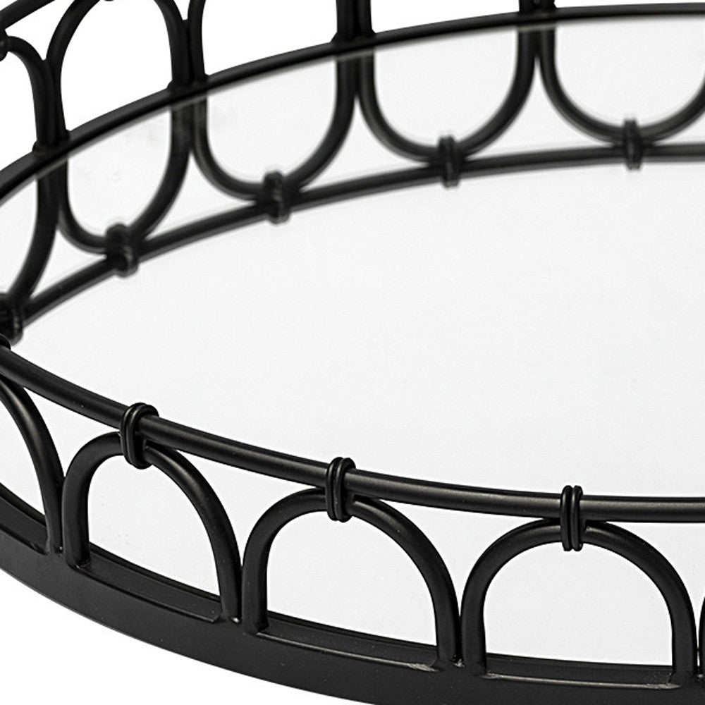 Matte Black Metal Half Circles And Mirrored Glass Round Tray 20"