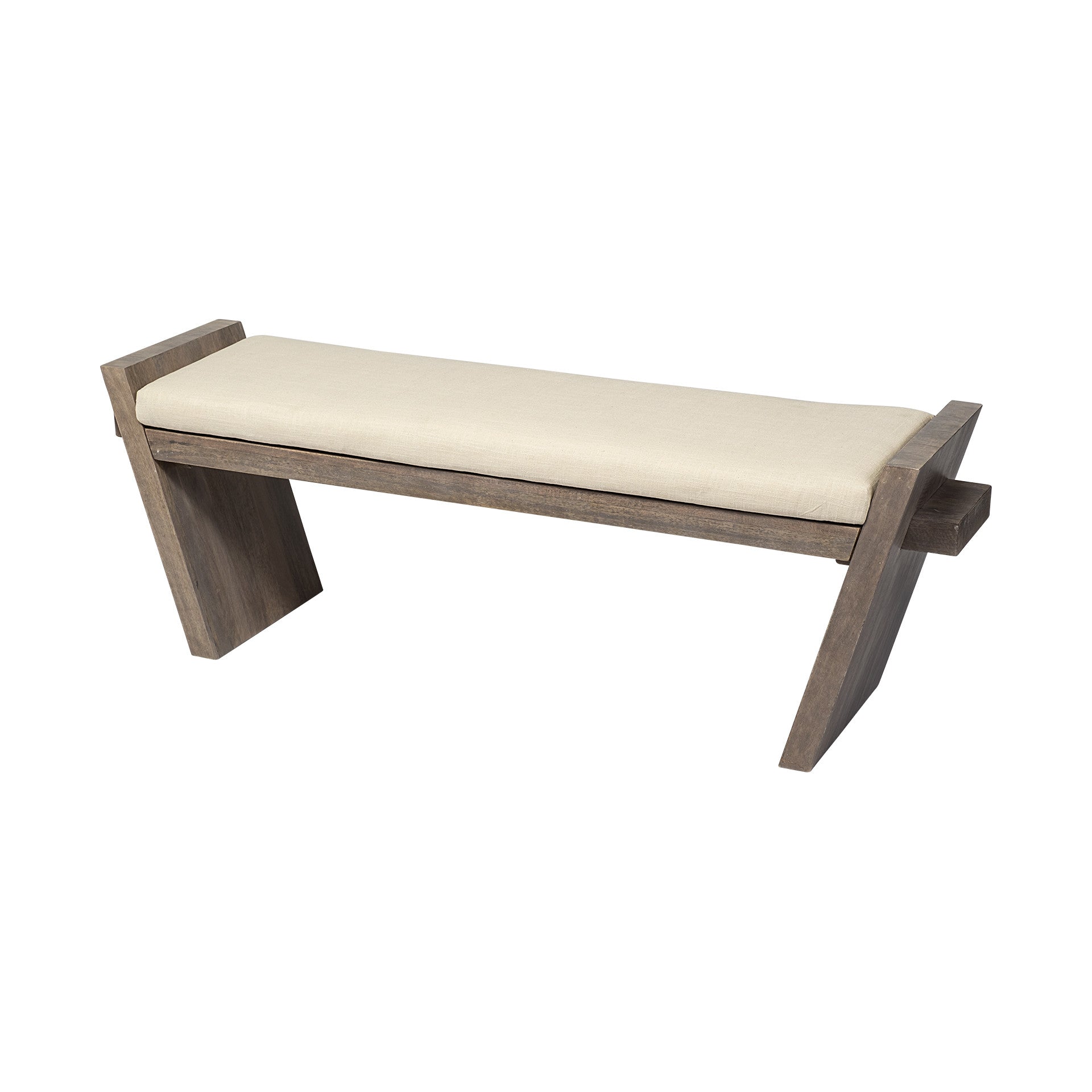 Banco De Entrada Rectangular De Madera De Mango Marrón Natural Pulido Con Asiento Tapizado Crema