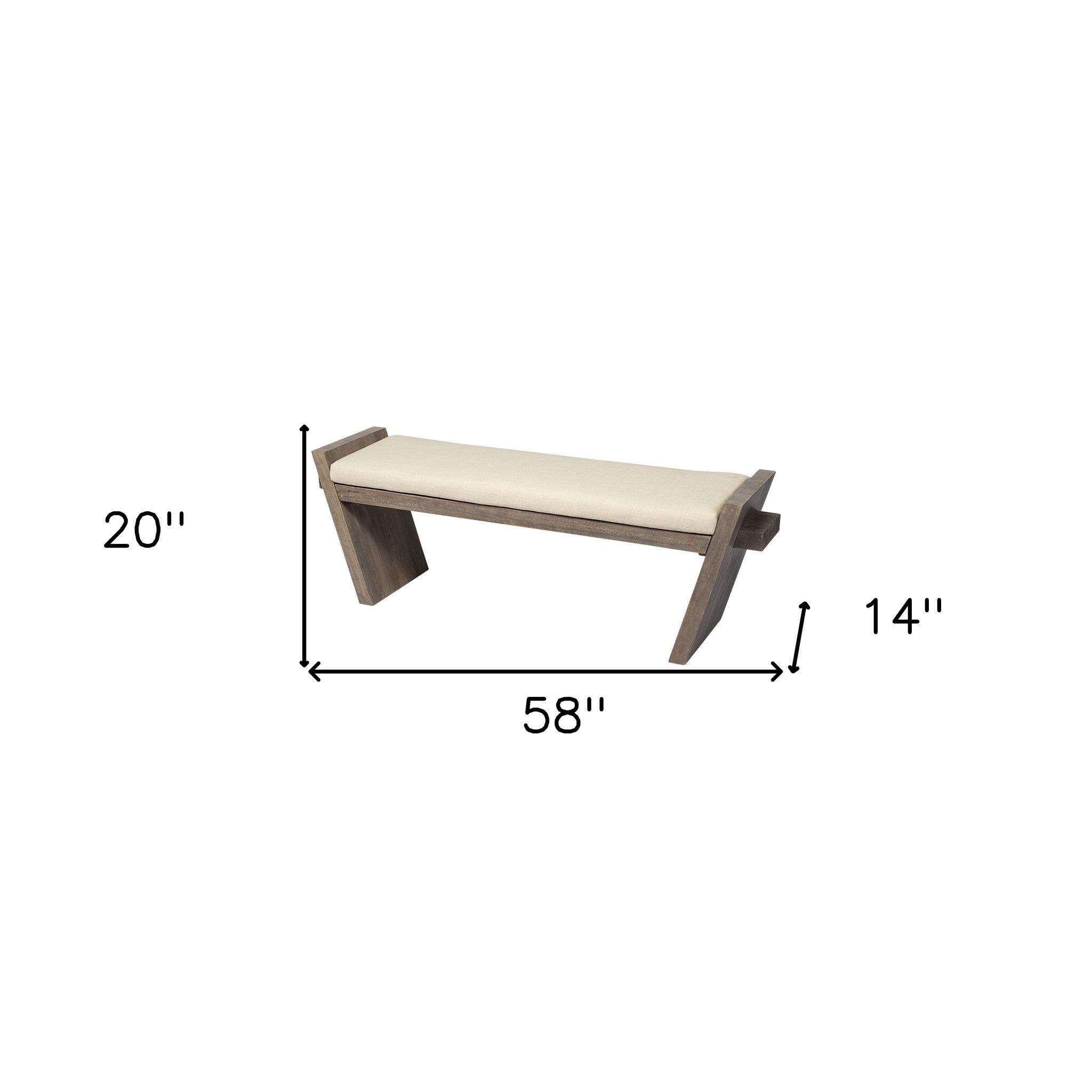 Banco De Entrada Rectangular De Madera De Mango Marrón Natural Pulido Con Asiento Tapizado Crema