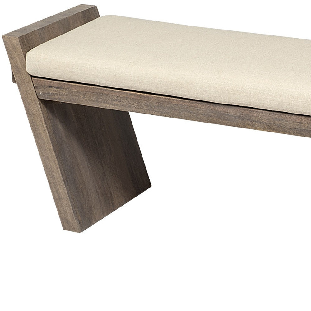 Banco De Entrada Rectangular De Madera De Mango Marrón Natural Pulido Con Asiento Tapizado Crema