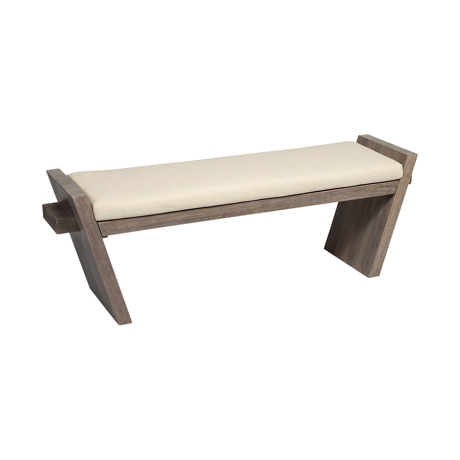 Banco De Entrada Rectangular De Madera De Mango Marrón Natural Pulido Con Asiento Tapizado Crema