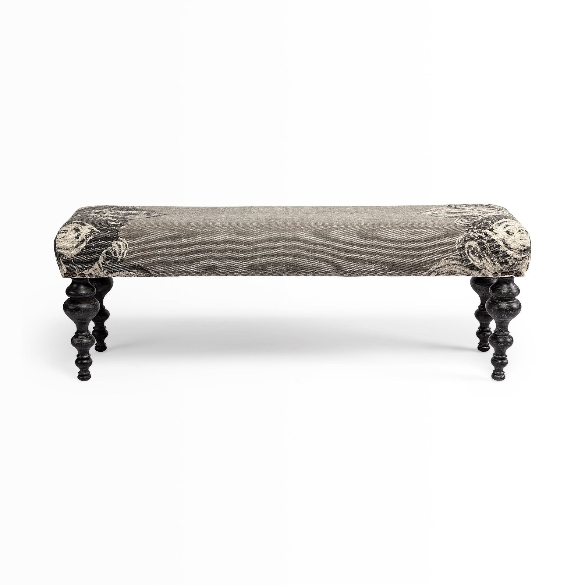 Rectangular Dark Wood And Gray Floral Accent Bench