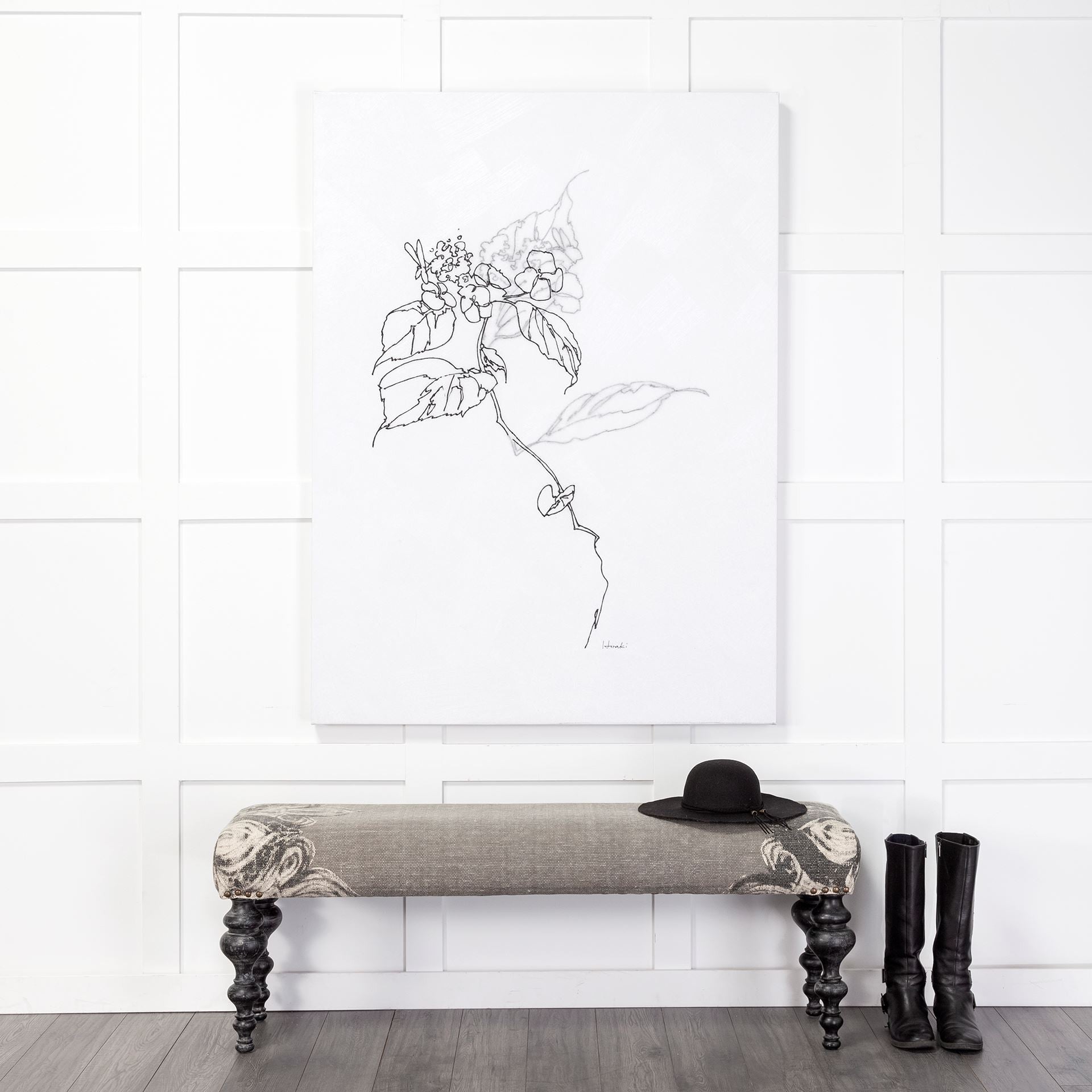 Rectangular Dark Wood And Gray Floral Accent Bench