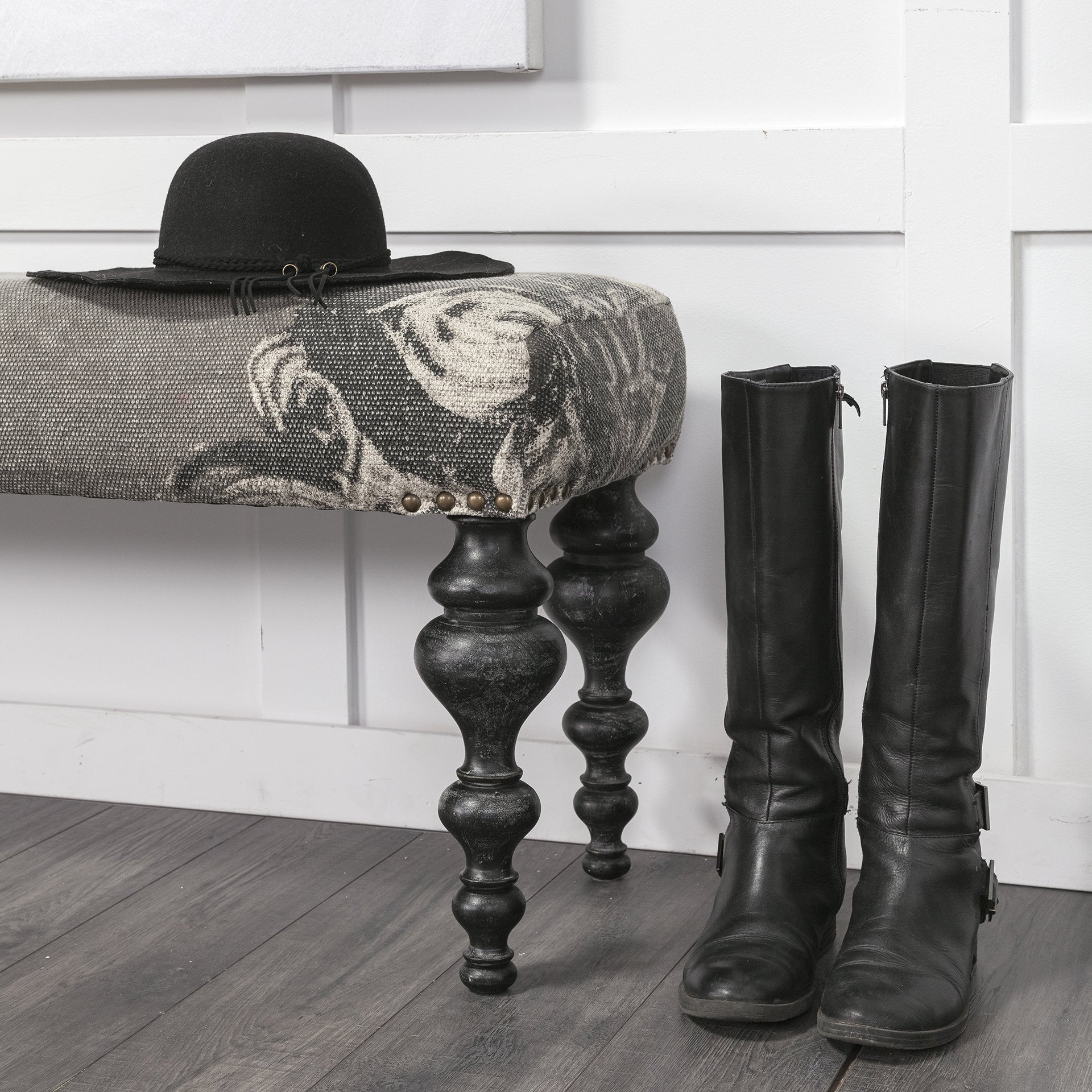 Rectangular Dark Wood And Gray Floral Accent Bench