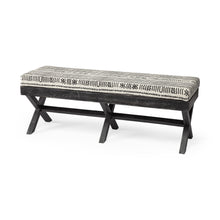 Rectangular Indian Mango Wooddark-Brown Finish W Upholstered Gray And White Patterned Seat Accent Bench