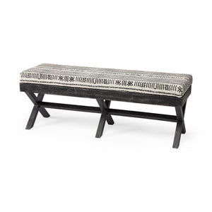 Rectangular Indian Mango Wooddark-Brown Finish W Upholstered Gray And White Patterned Seat Accent Bench