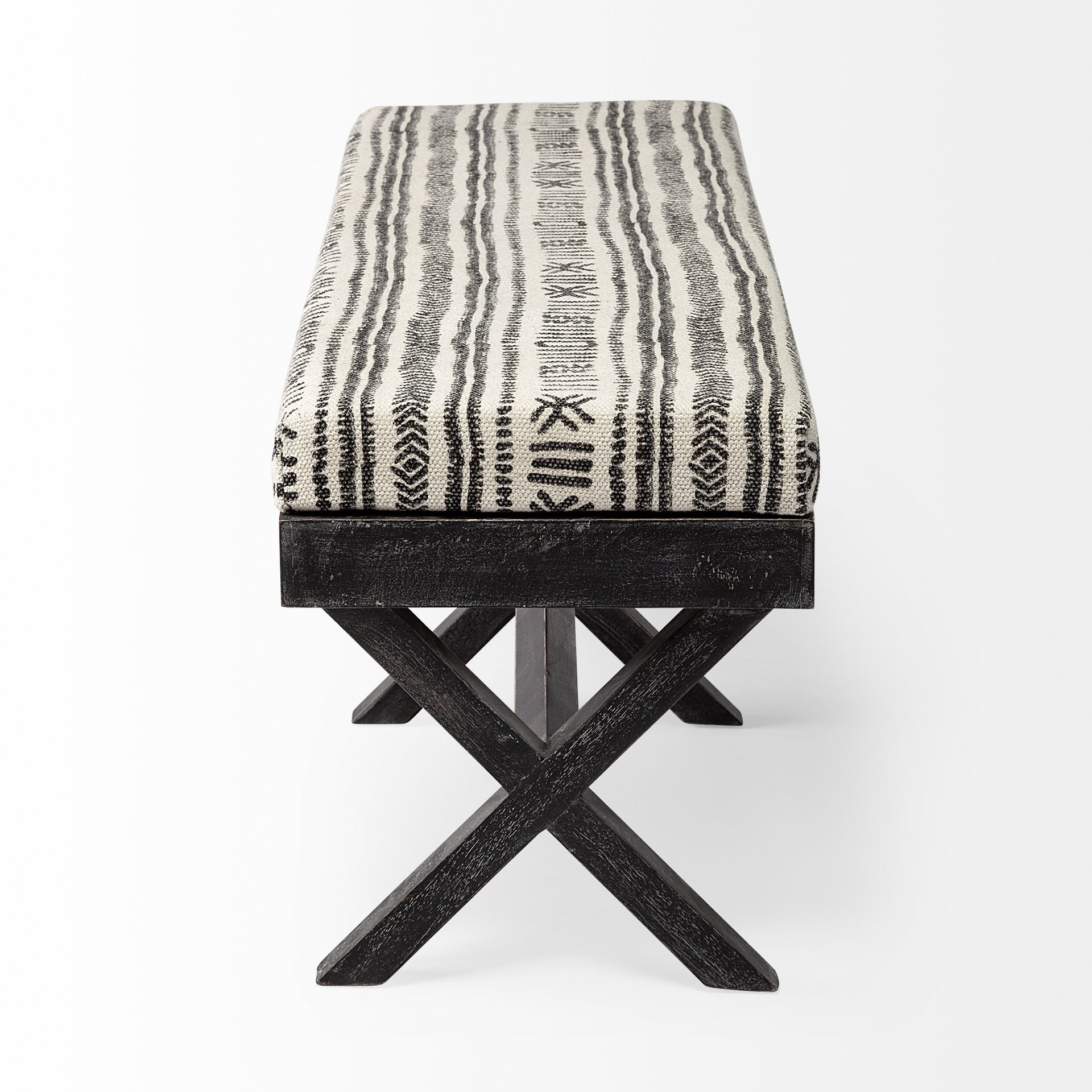 Rectangular Indian Mango Wooddark-Brown Finish W Upholstered Gray And White Patterned Seat Accent Bench