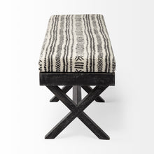 Rectangular Indian Mango Wooddark-Brown Finish W Upholstered Gray And White Patterned Seat Accent Bench