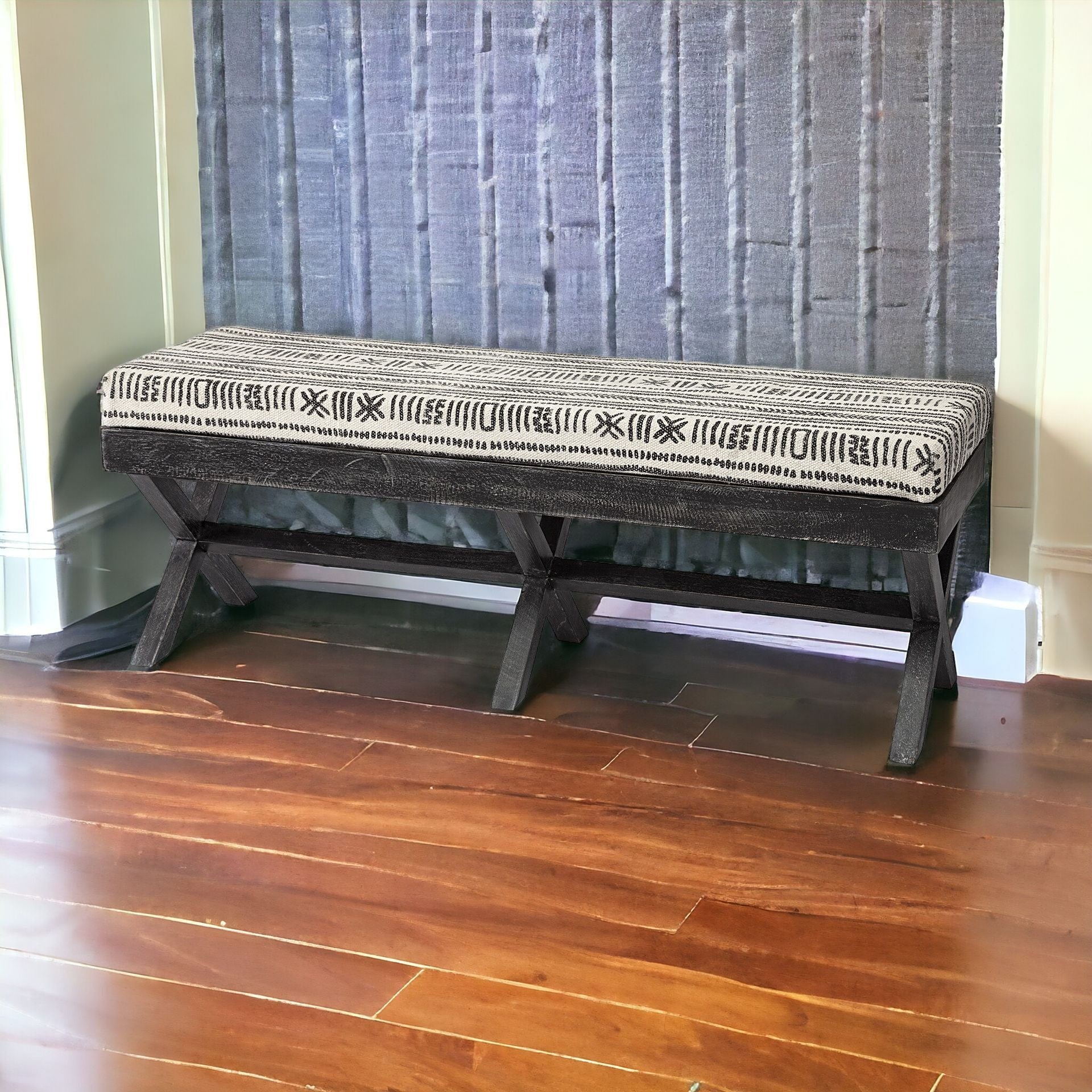 Rectangular Indian Mango Wooddark-Brown Finish W Upholstered Gray And White Patterned Seat Accent Bench