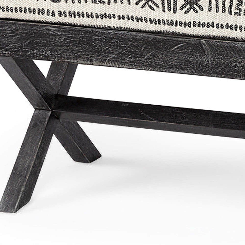 Rectangular Indian Mango Wooddark-Brown Finish W Upholstered Gray And White Patterned Seat Accent Bench