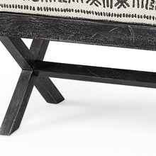 Rectangular Indian Mango Wooddark-Brown Finish W Upholstered Gray And White Patterned Seat Accent Bench