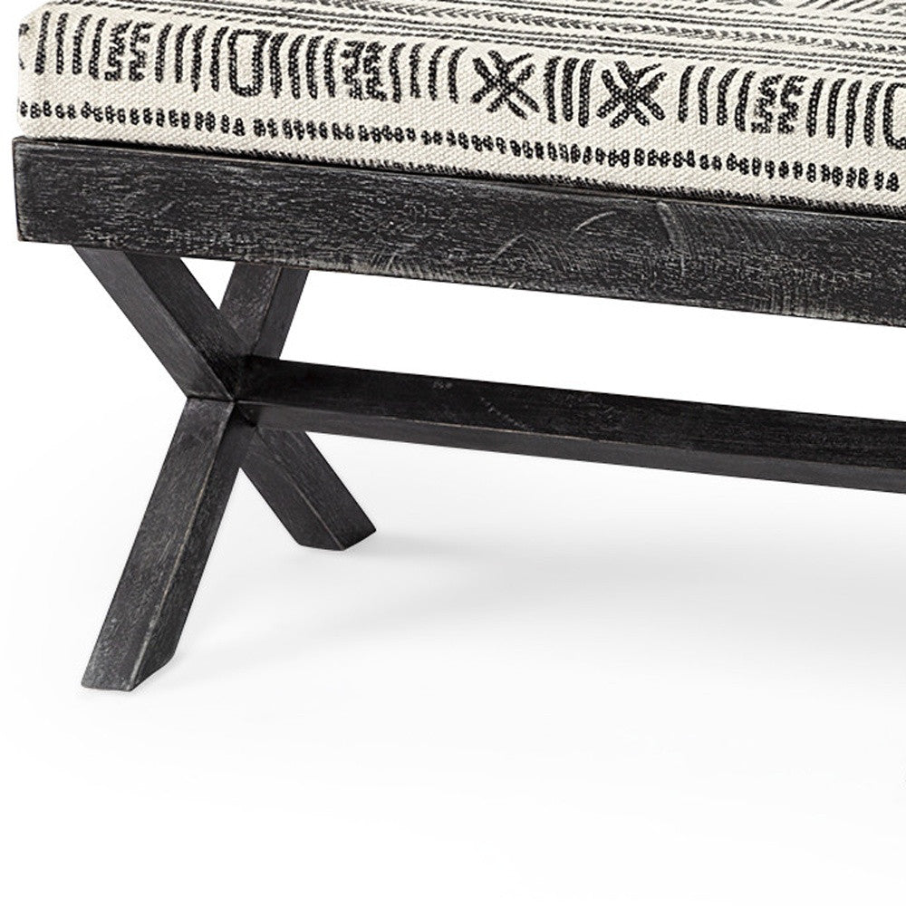 Rectangular Indian Mango Wooddark-Brown Finish W Upholstered Gray And White Patterned Seat Accent Bench