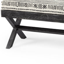 Rectangular Indian Mango Wooddark-Brown Finish W Upholstered Gray And White Patterned Seat Accent Bench