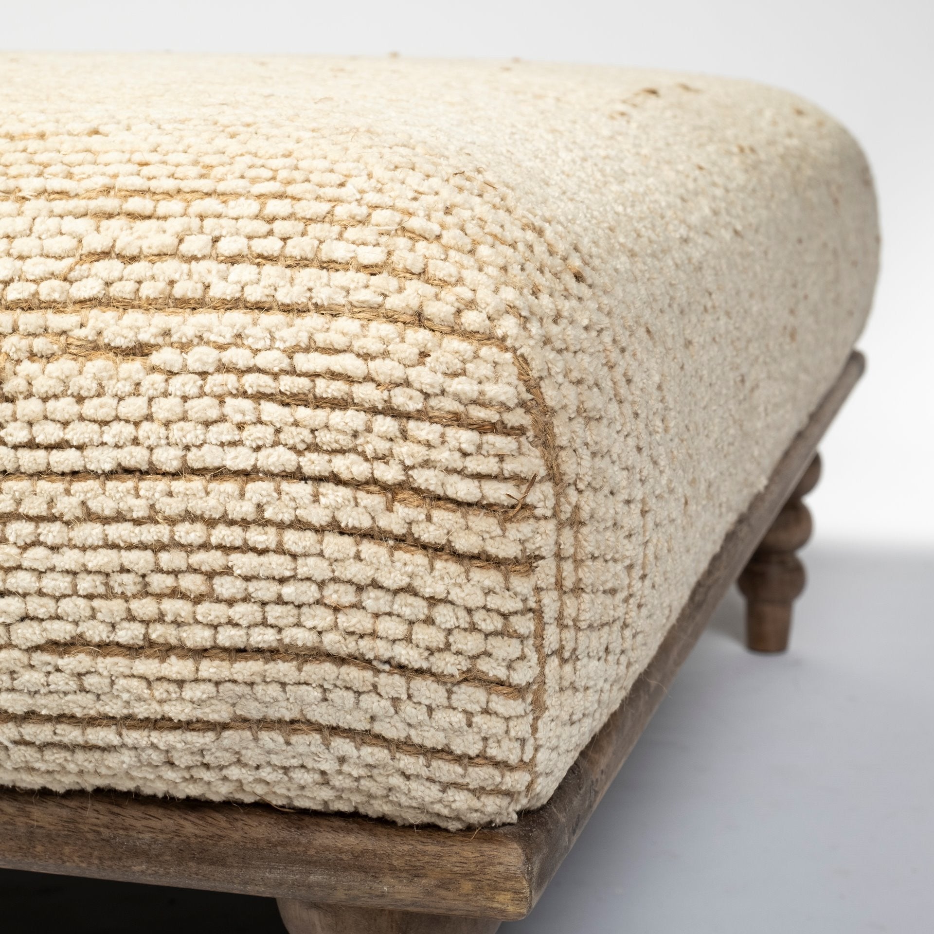 Square Indian Mango Woodnatural-Brown Polished W Upholstered Cream Seat Accent Bench