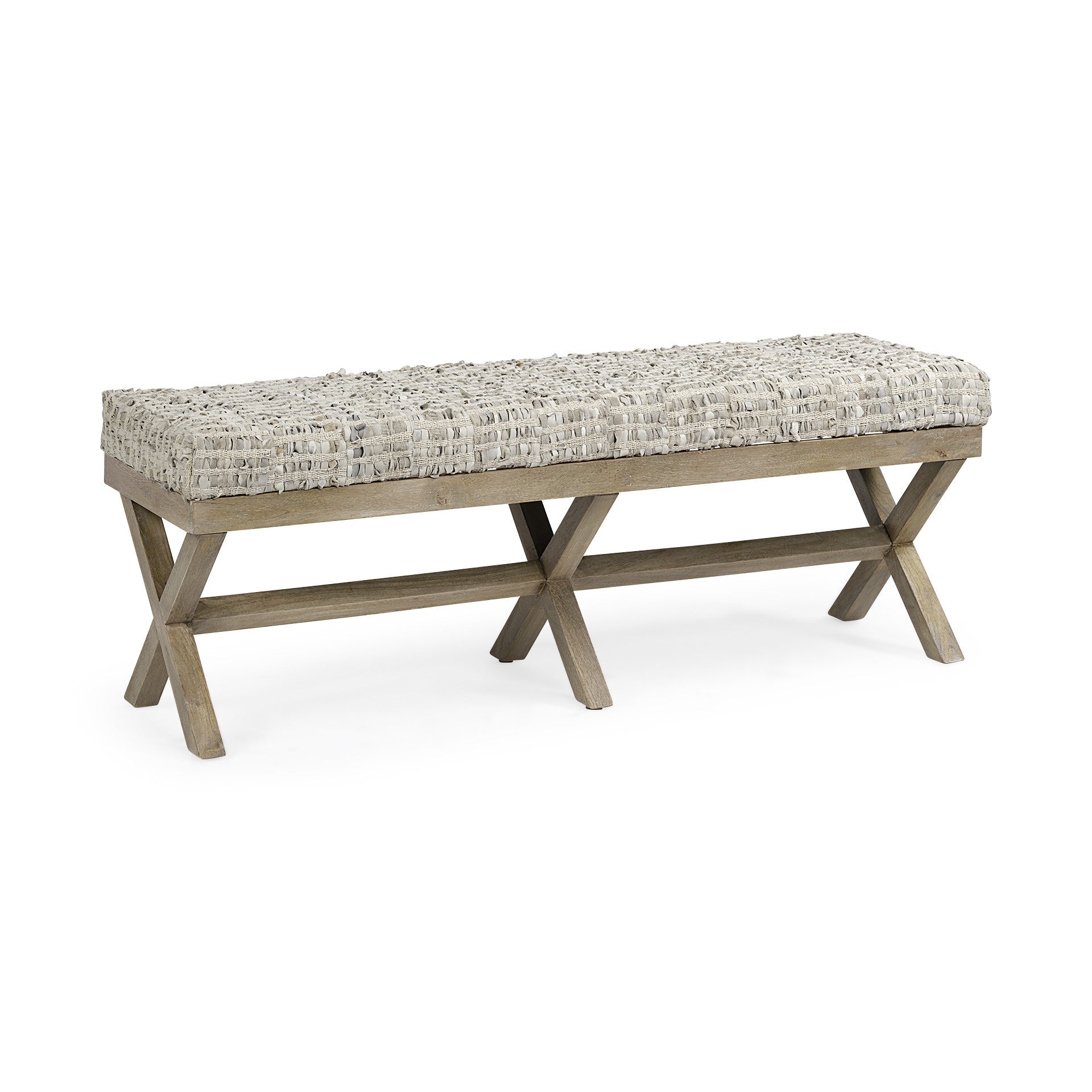 Rectangular Indian Mango Wood Light Brown Base W Beige-Toned Woven Leather Cushion Accent Bench