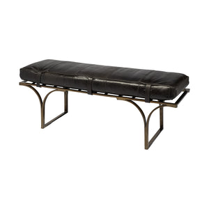 Rectangular Metalantiqued-Gold Black Genuine Leather Seat Accent Bench