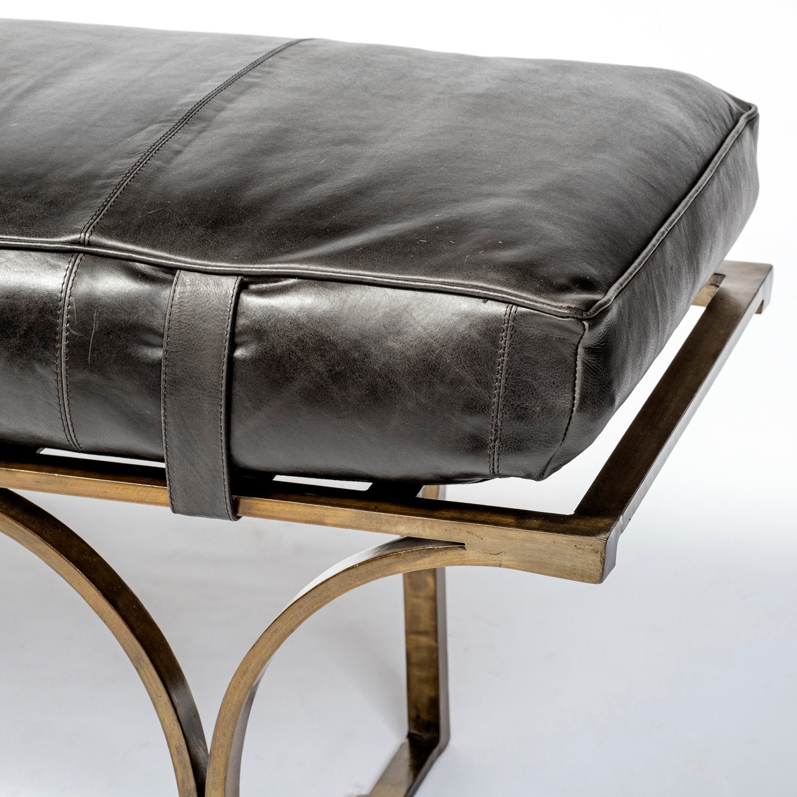 Rectangular Metalantiqued-Gold Black Genuine Leather Seat Accent Bench
