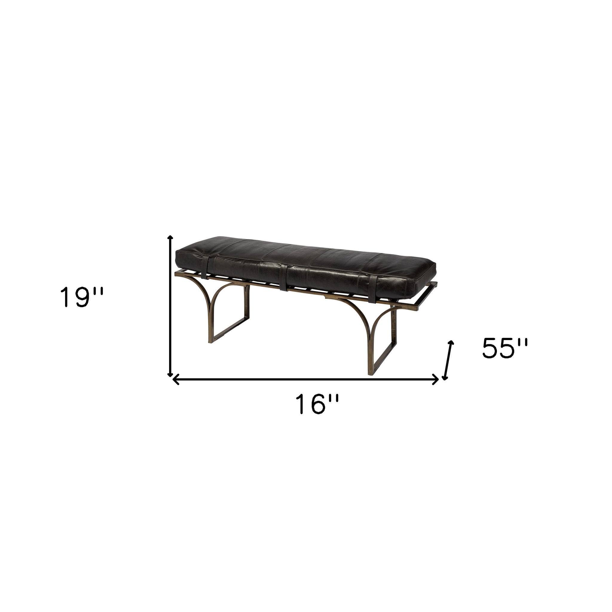 Rectangular Metalantiqued-Gold Black Genuine Leather Seat Accent Bench