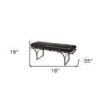 Rectangular Metalantiqued-Gold Black Genuine Leather Seat Accent Bench