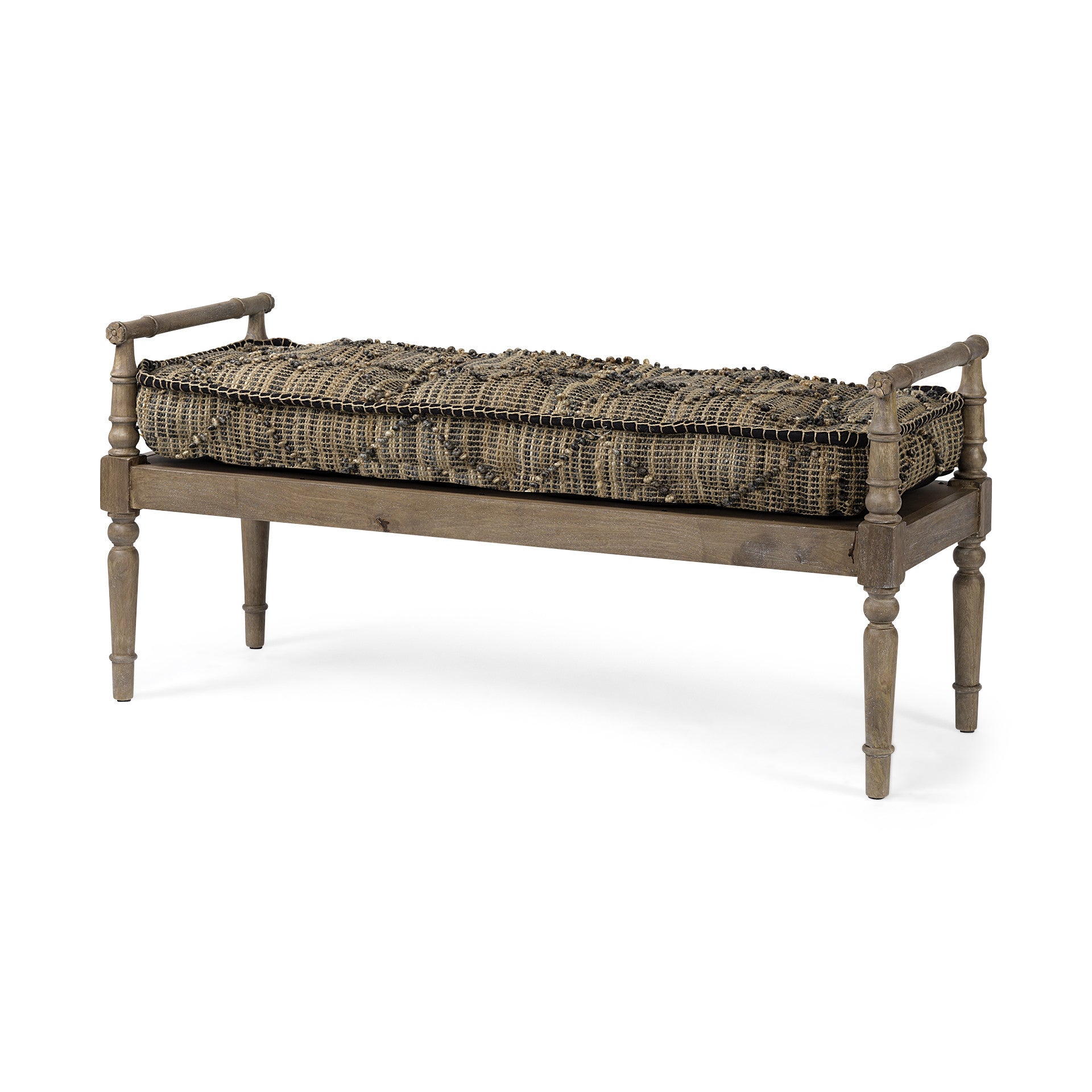 Rectangular Indian Mango Woodlight Brown And Grey W Jute Patterned Top Accent Bench