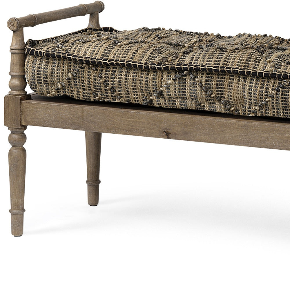 Rectangular Indian Mango Woodlight Brown And Grey W Jute Patterned Top Accent Bench