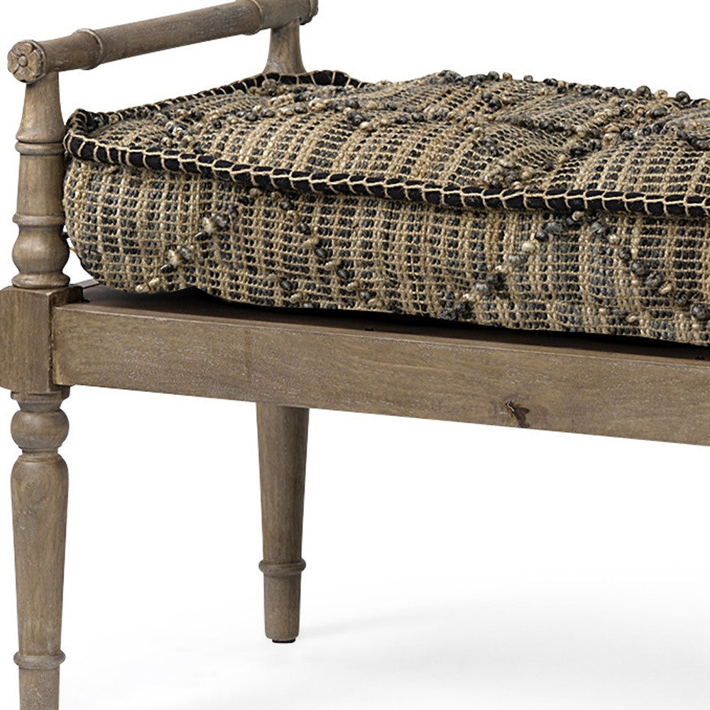 Rectangular Indian Mango Woodlight Brown And Grey W Jute Patterned Top Accent Bench