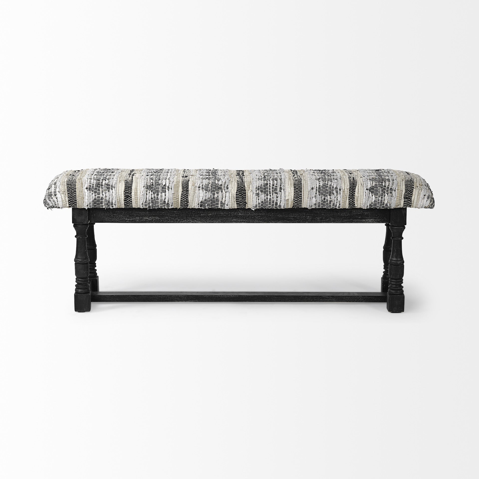 Rectangular Indian Mango Woodblack W Woven-Leather Cushion Top Accent Bench