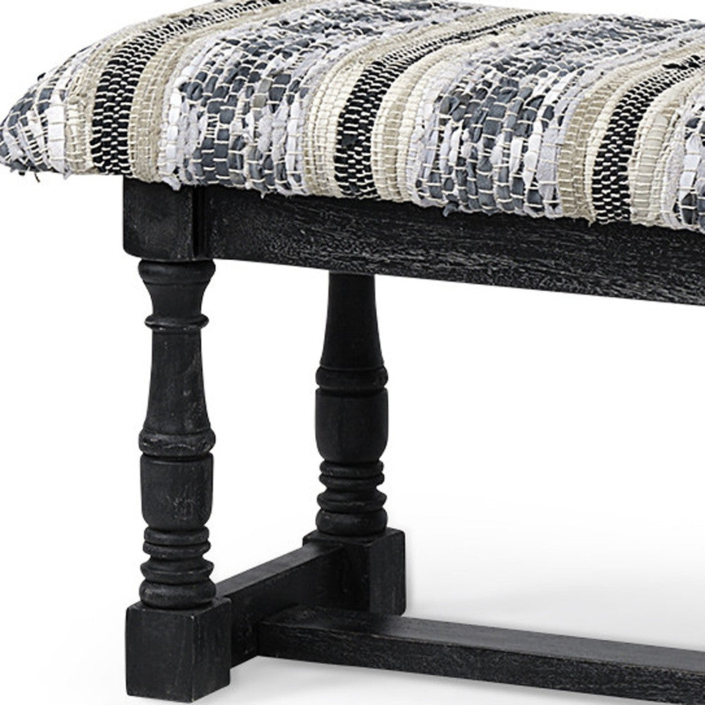 Rectangular Indian Mango Woodblack W Woven-Leather Cushion Top Accent Bench