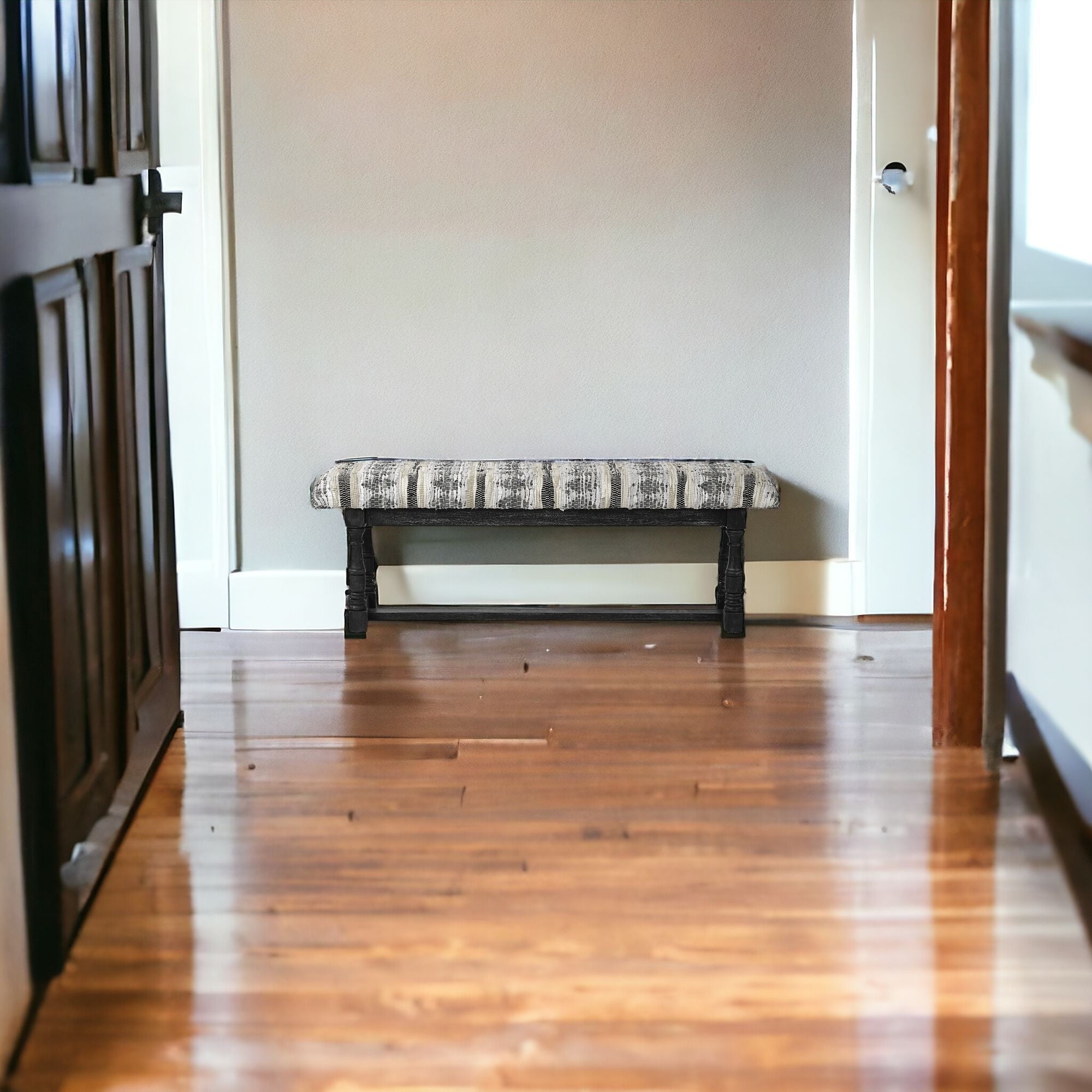 Rectangular Indian Mango Woodblack W Woven-Leather Cushion Top Accent Bench